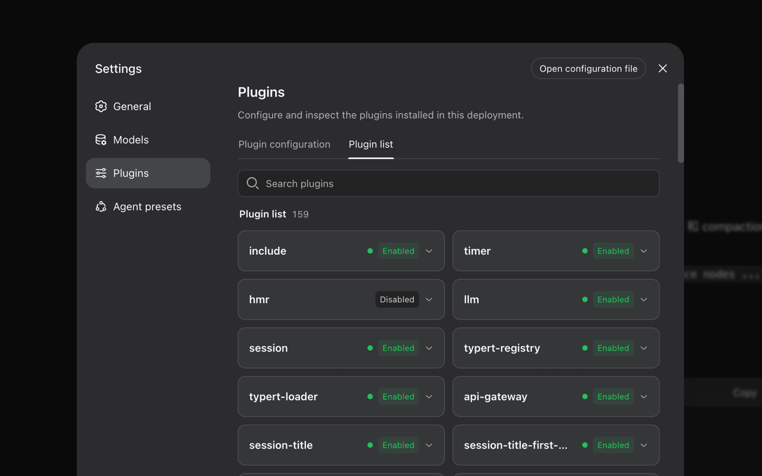 DeepSeek Harness settings showing installed plugins and their status